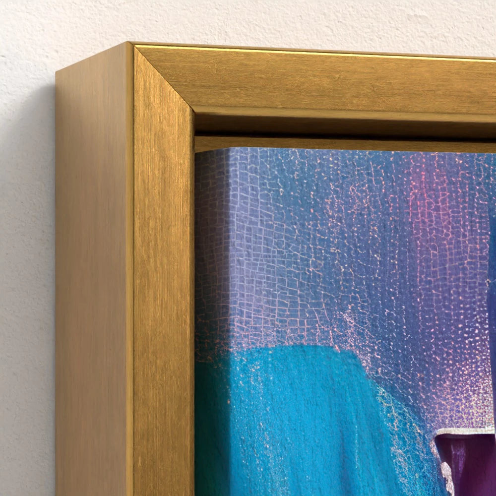 close-up of the gold float frame accentuating the warm golden hues in the painting's sky and reflections