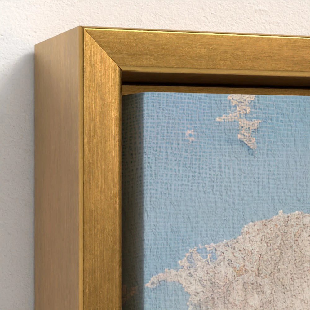 close-up of gold float frame adding a warm and sacred touch to this divine scene