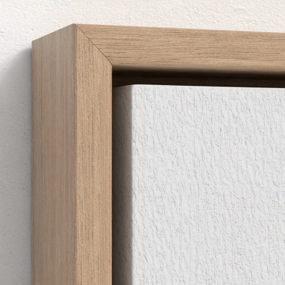 close-up of the natural wood float frame bringing an earthy, minimalist vibe that pairs beautifully with the Jesus abstract painting