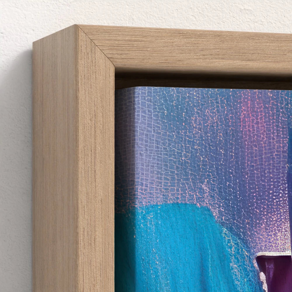 close-up of the natural wood float frame showcasing the soft wood grain complementing the peaceful tones of the dove painting