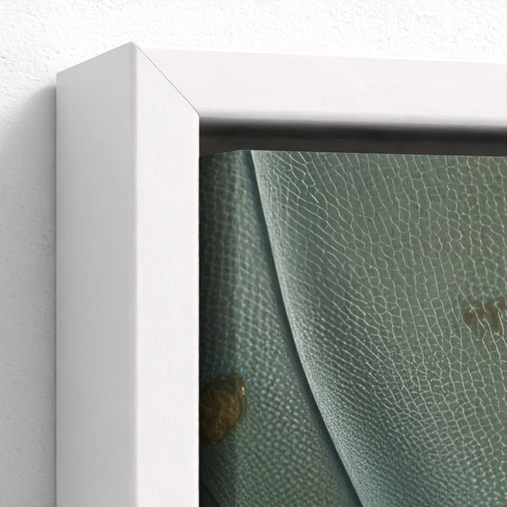 Close-up of Hand of God painting in a white frame showing soft details and light textures.