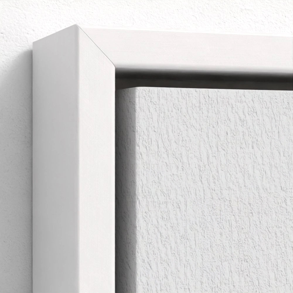 close-up of the white float frame around the Jesus abstract painting emphasizing clean lines and a modern, gallery-quality presentation