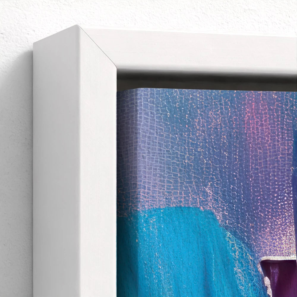 close-up of the white float frame surrounding the dove painting showing the subtle spacing and modern design