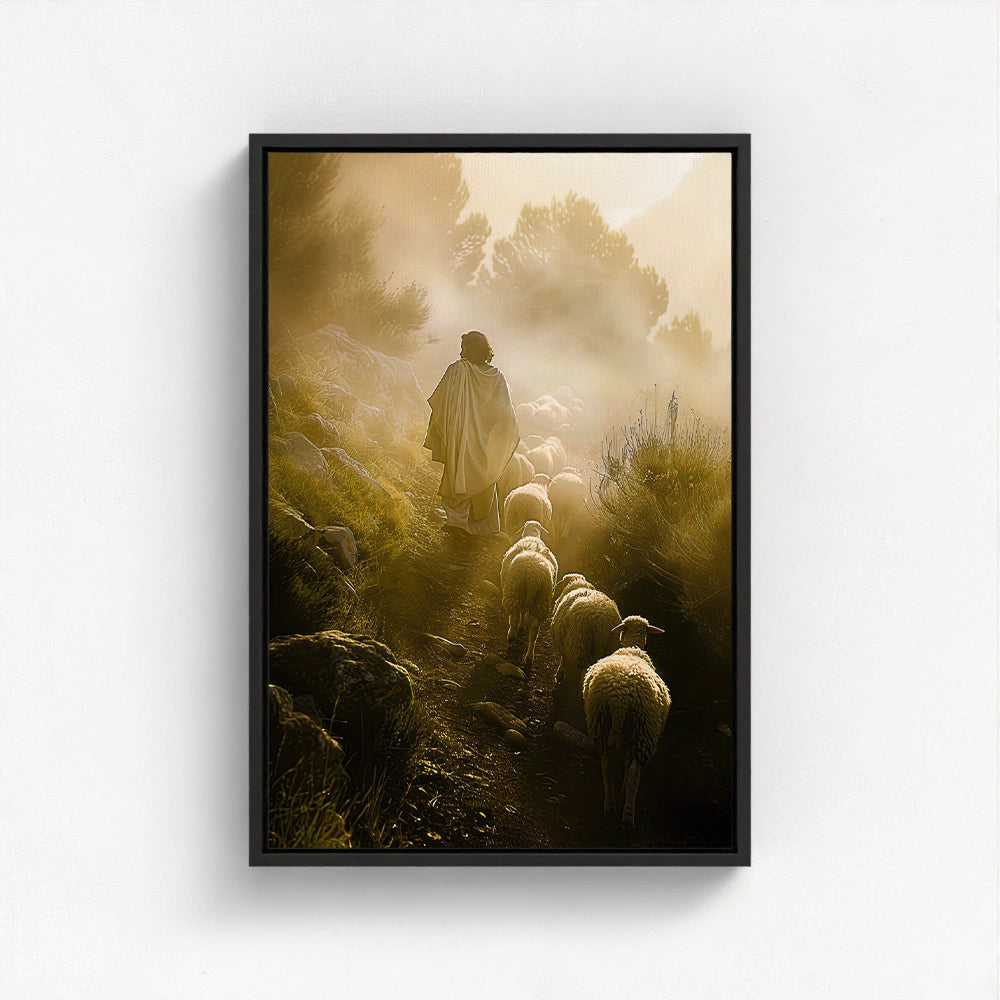 Jesus Leaves the 99 framed in black, adding depth and reverence to the solitary figure walking through golden mist.