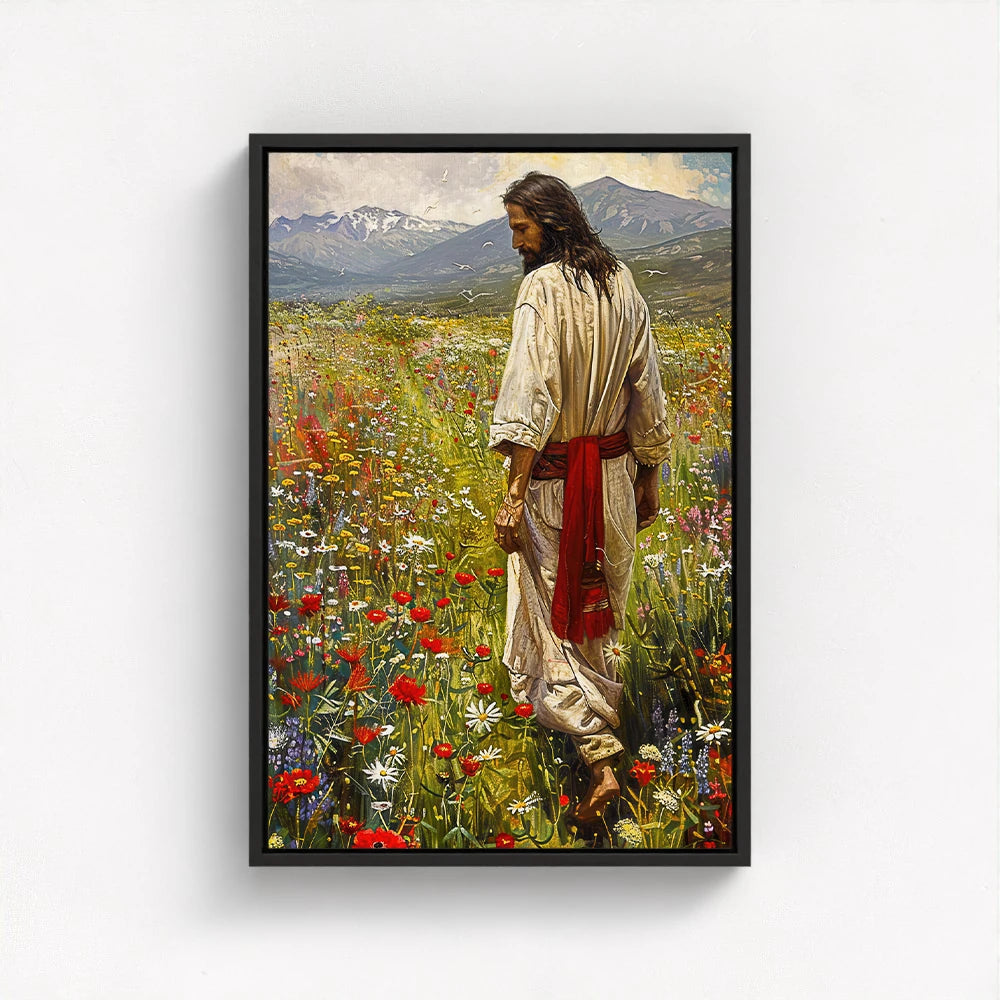 Jesus Christ artwork with a dramatic black float frame highlighting the peaceful expression and nature-rich setting