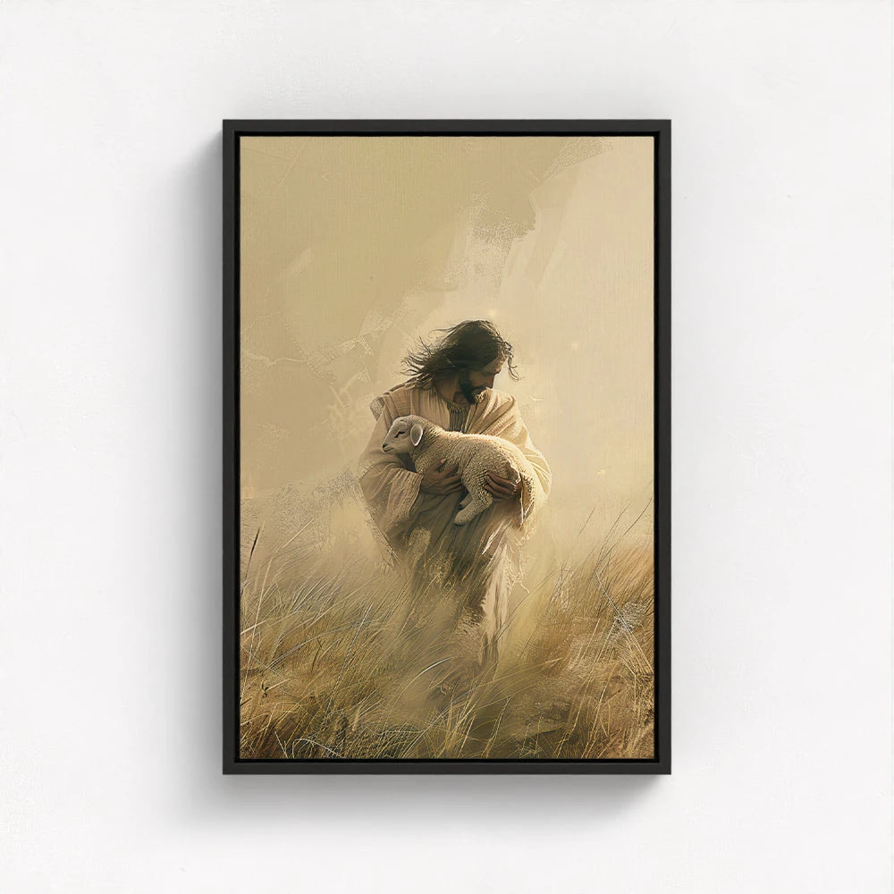 Jesus Holding a Lamb Picture in a black float frame, adding a refined contrast and visual depth to this symbol of divine care and tenderness.