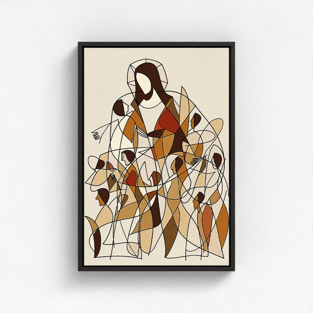 contemporary Jesus art with a sleek black float frame highlighting the bold lines and abstract figures of this expressive spiritual composition