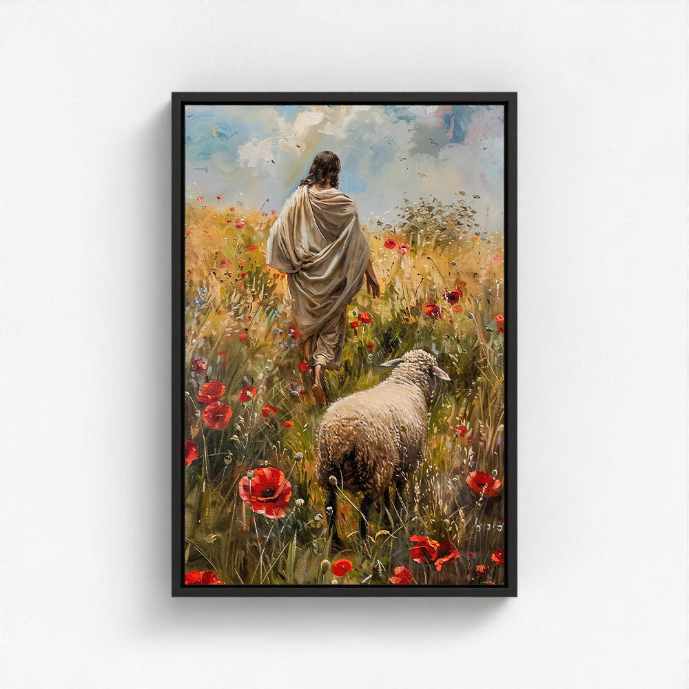 "The Lost Sheep biblical canvas print with a sleek black float frame showing Jesus guiding the lost sheep through nature."