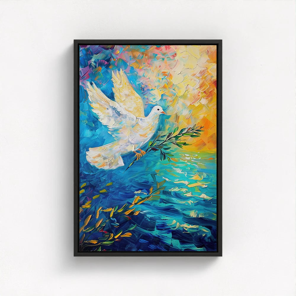 dove painting with a sleek black float frame highlighting the vibrant blue and gold tones of the dove and water