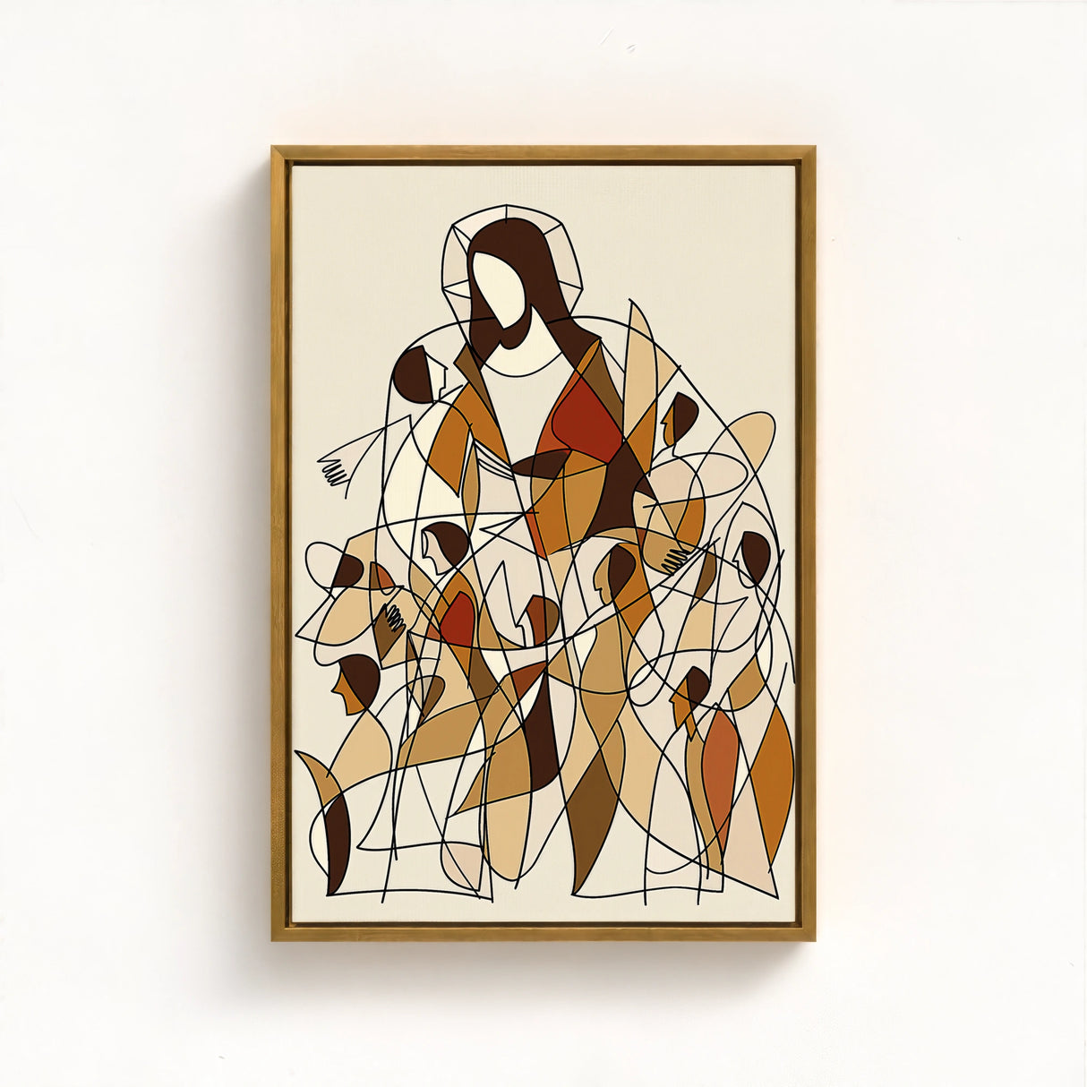 contemporary Jesus art framed in gold with a subtle floating effect adding warmth and elegance to the modern sacred design