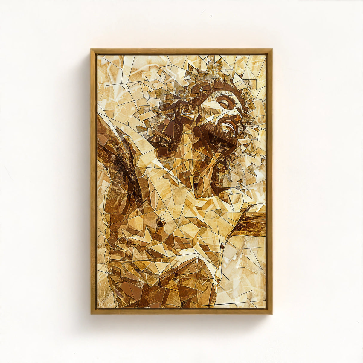 Crucifixion of Jesus artwork framed in gold, enhancing the warm tones and sacred resonance of this angular portrayal