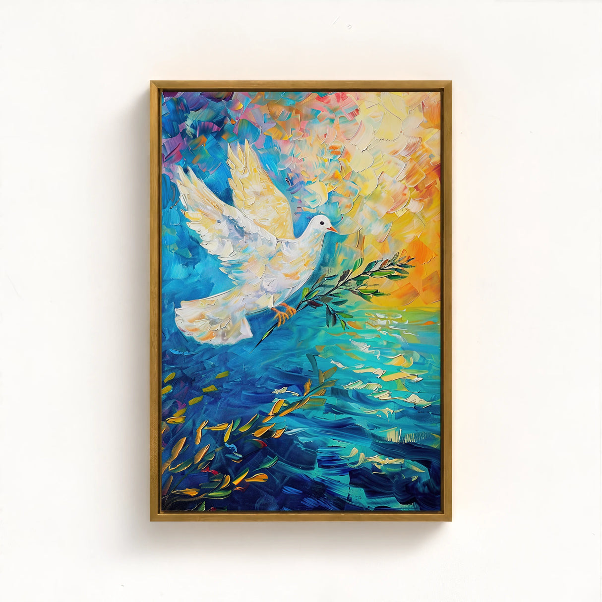 dove painting framed in gold with a floating effect adding a touch of elegance to the serene biblical artwork