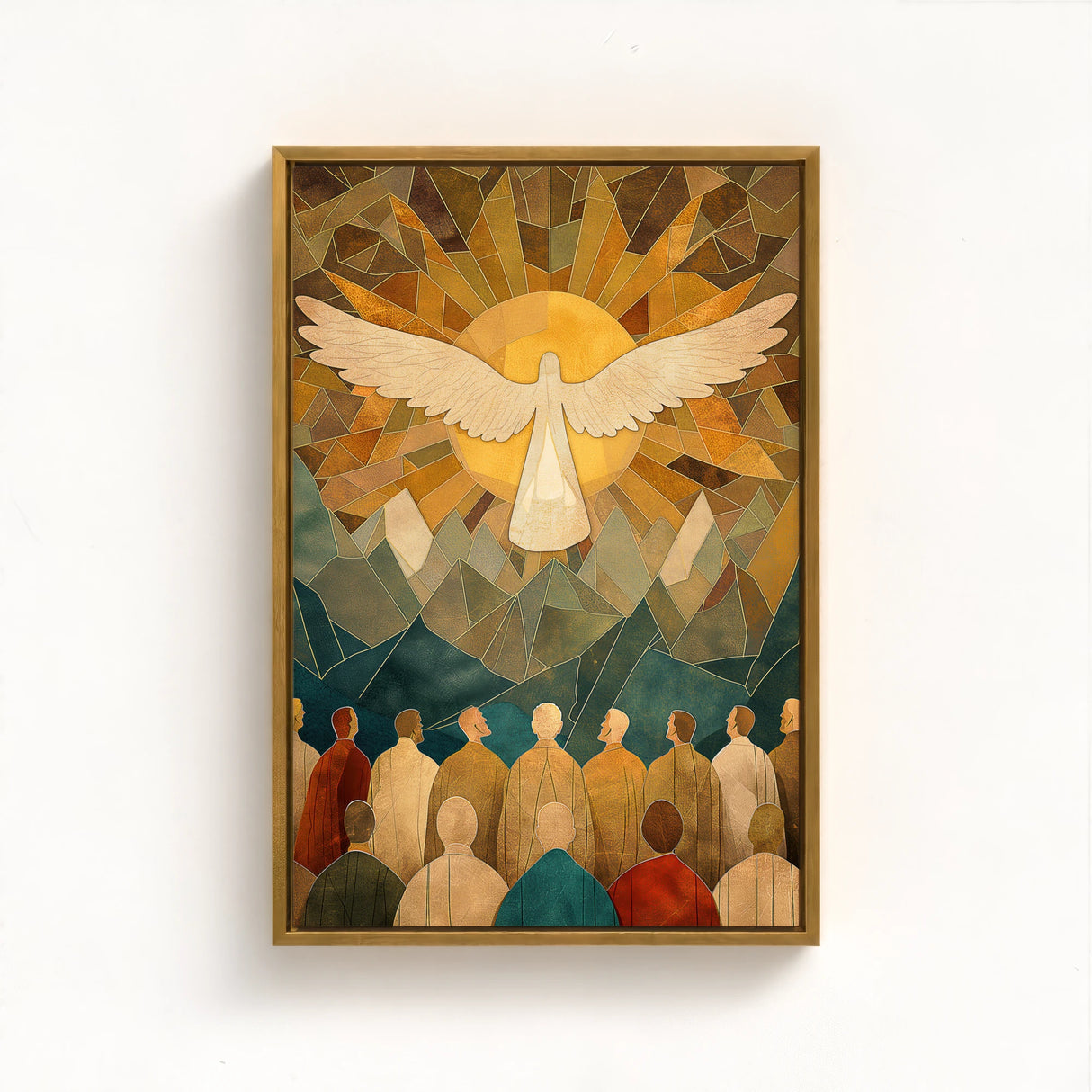 holy spirit art framed in gold, enhancing the heavenly light and sacred warmth of the descending dove