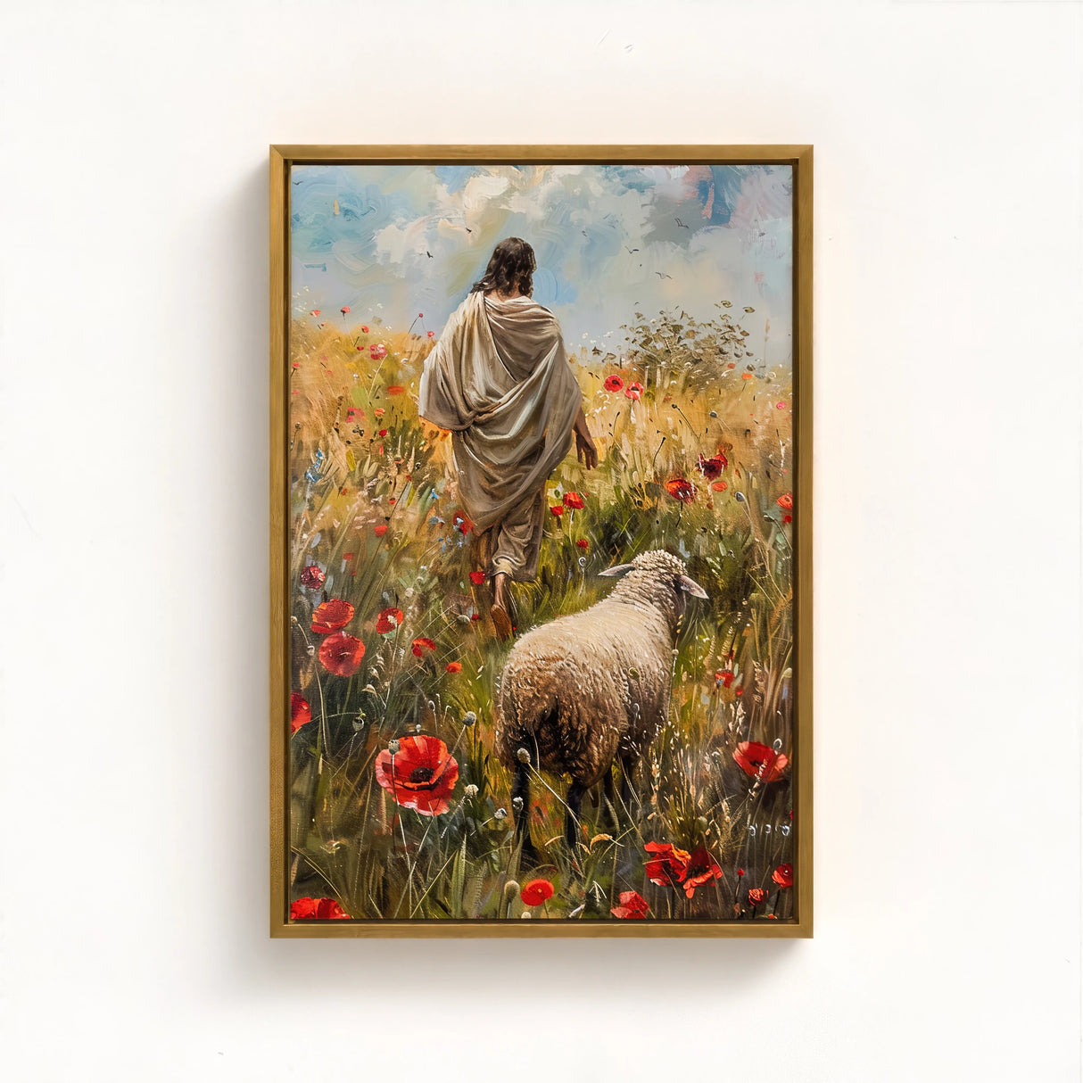 The Lost Sheep wall art with a gold float frame capturing a serene moment of Jesus and the lost sheep in a meadow.