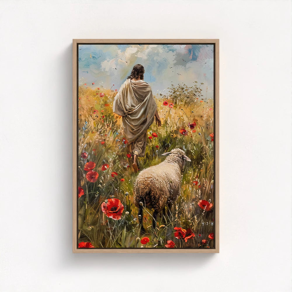 The Lost Sheep Christian artwork in a natural wood float frame bringing warmth and inspiration to any space.