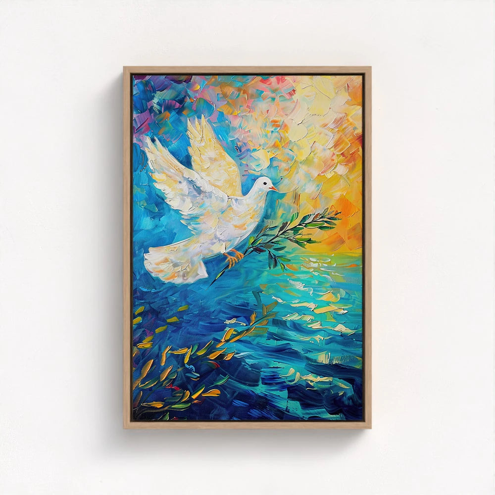 dove painting in a natural wood float frame blending soft warm tones with the tranquil dove and flowing water