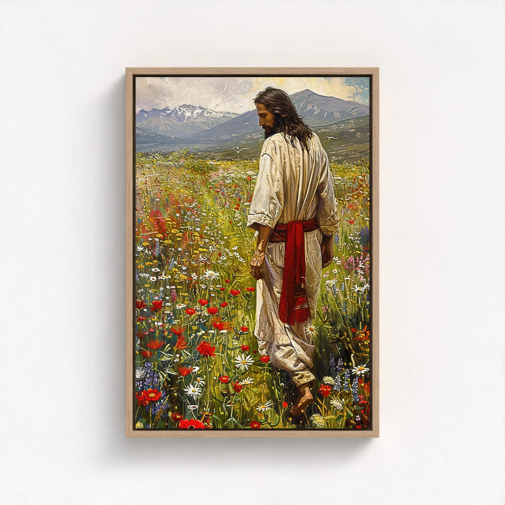 Jesus Christ artwork in a natural float frame offering earthy tones that pair beautifully with the pastoral scenery