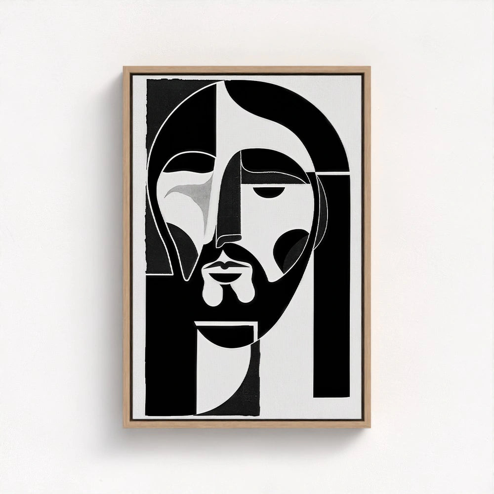 Jesus abstract painting in a natural wood float frame that complements the soft modern style and brings balance to the bold linear artwork