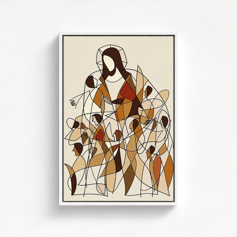 contemporary Jesus art beautifully float framed in white showcasing a modern linework depiction of Christ among a crowd in earthy tones