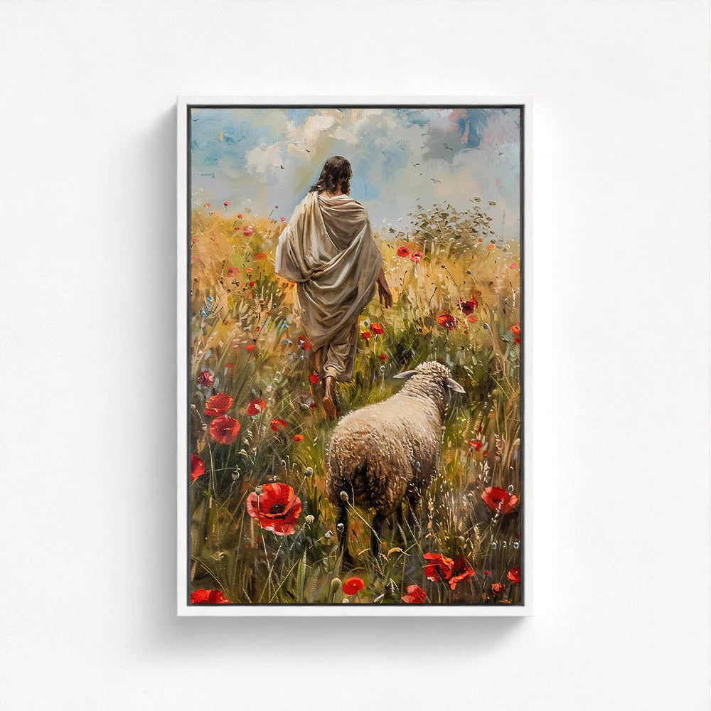 White Frame – "The Lost Sheep Christian canvas art beautifully float framed in white featuring Jesus walking with a sheep in a peaceful field."
