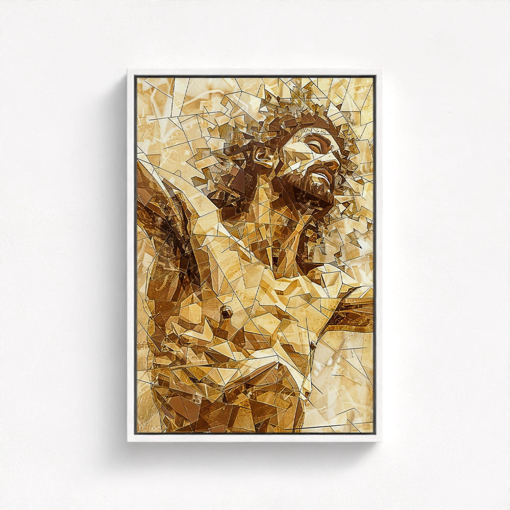 Crucifixion of Jesus artwork in a white float frame, emphasizing the contrast and fragmented texture of this powerful abstract piece