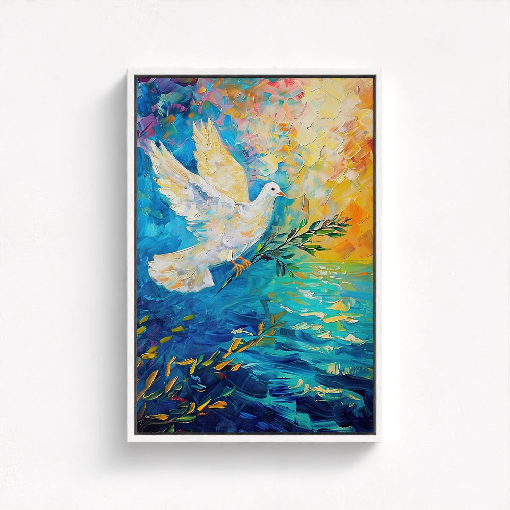 dove painting beautifully float framed in white featuring a peaceful white dove holding an olive branch against a colorful abstract sky