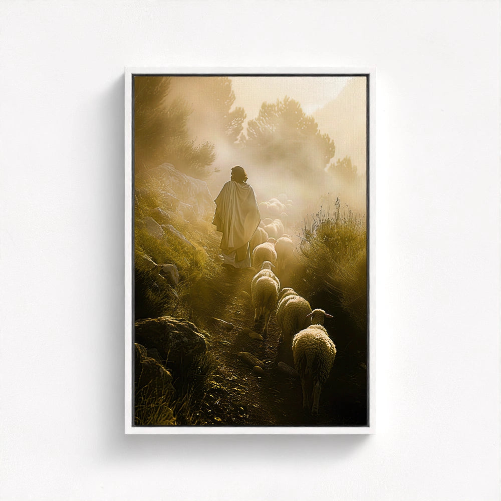 Jesus Leaves the 99 artwork in a white float frame, emphasizing the divine light and spiritual serenity of the shepherd’s journey.