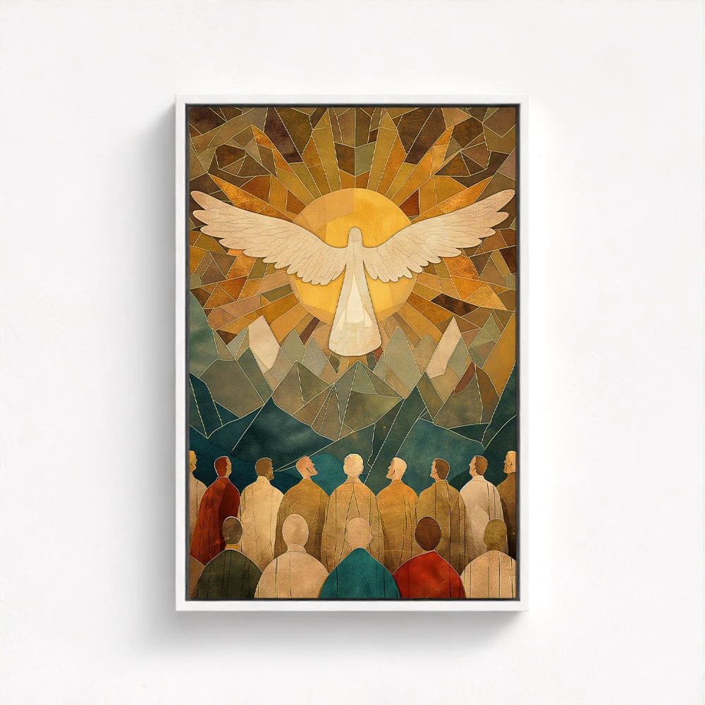 holy spirit art in a white float frame, accentuating the divine radiance of the dove descending over the apostles in stained glass style