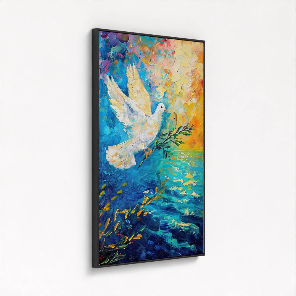 framed canvas in a black frame featuring the dove painting from a side angle with a sleek dark frame that adds a striking contrast to the vibrant colors