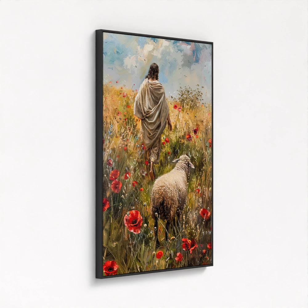framed canvas in a black frame featuring The Lost Sheep artwork with a bold contemporary look and a striking floating effect