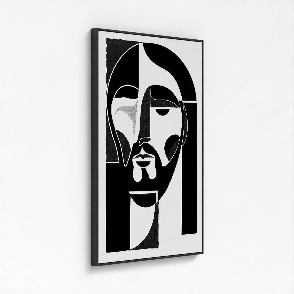 framed canvas in a black frame featuring the Jesus abstract painting from a side view with sleek framing that enhances the bold contrast and minimalist aesthetic