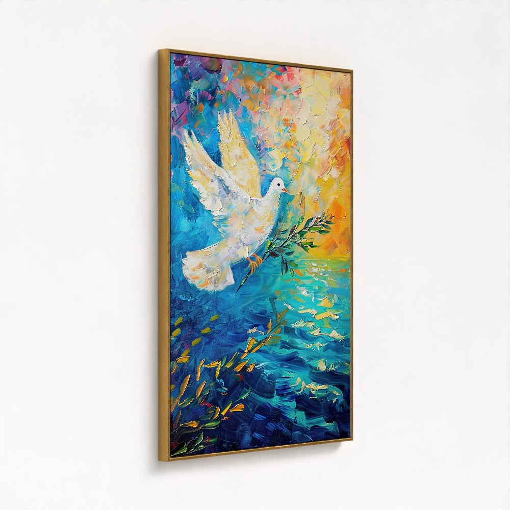 framed canvas in a gold frame showing the dove painting from a side angle