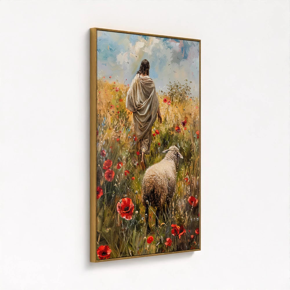 framed canvas in a gold frame bringing a luxurious and elegant feel to The Lost Sheep artwork with its shimmering metallic finish