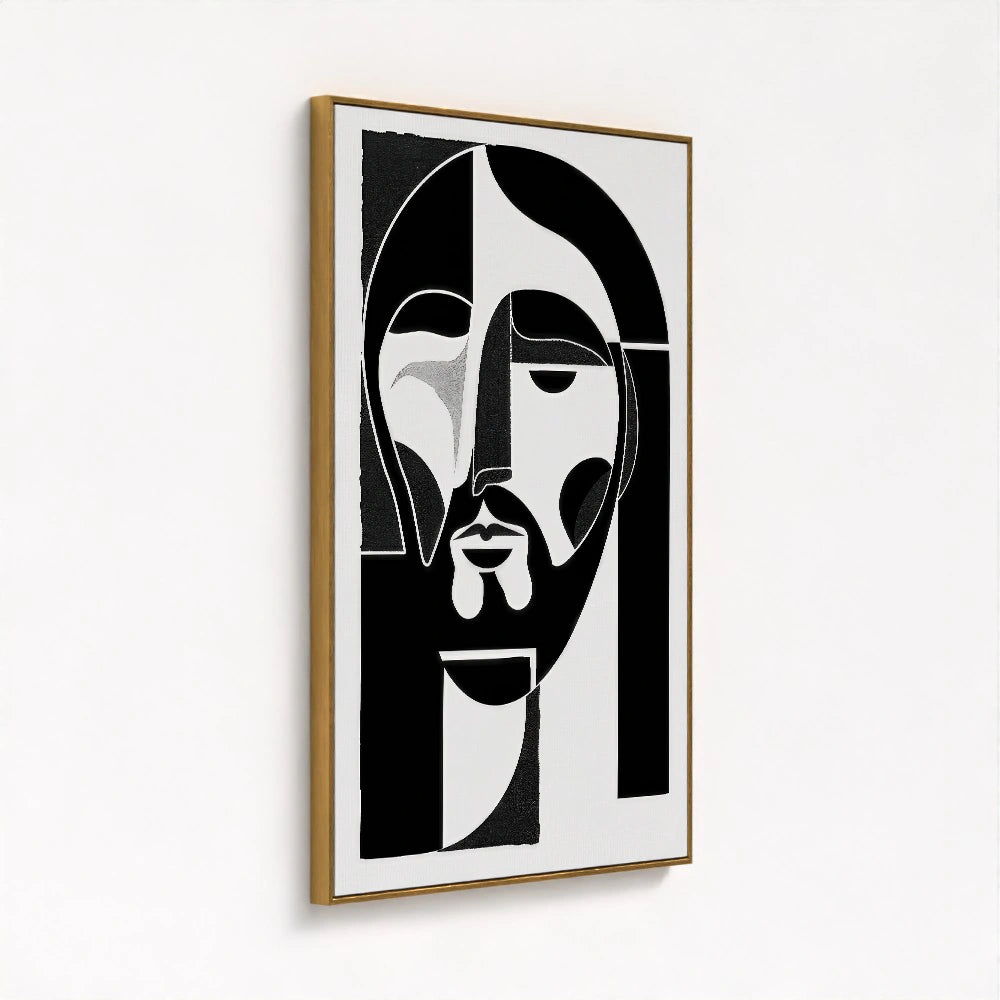 framed canvas in a gold frame showing the Jesus abstract painting from a side angle with a soft reflective glow that adds richness to the design