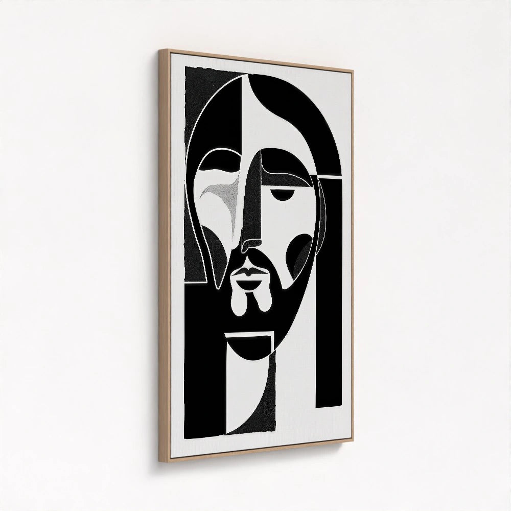 framed canvas in a natural wood frame displaying the Jesus abstract painting from a side view with warm wooden tones complementing the sacred image
