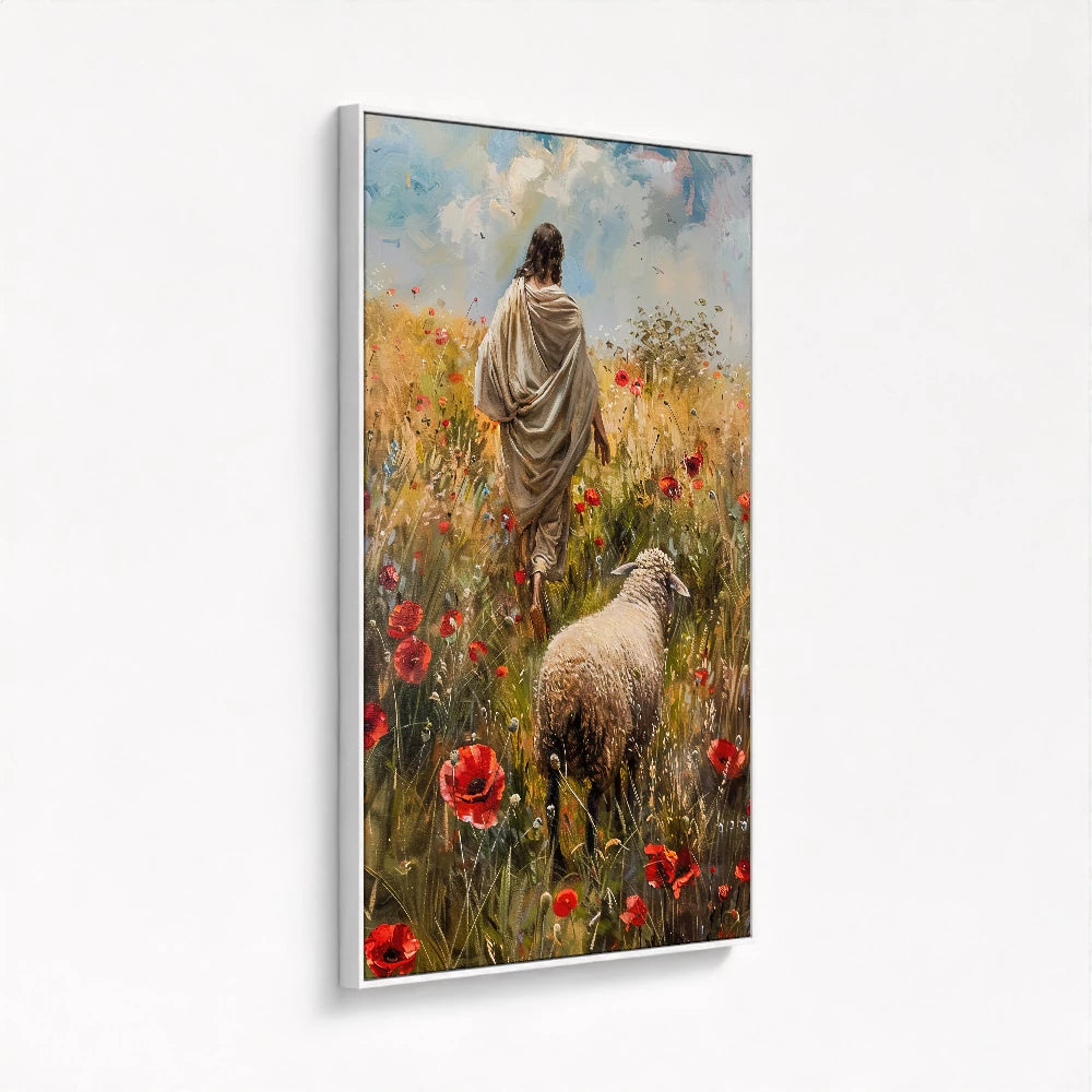 framed canvas in a white frame highlighting the crisp clean design that enhances The Lost Sheep painting with a modern touch