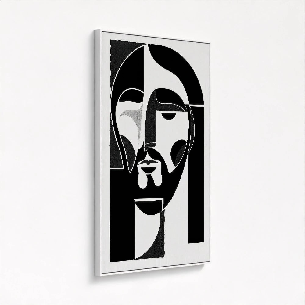 framed canvas in a white frame highlighting the Jesus abstract painting from the side with clean, modern styling and a floating presentation