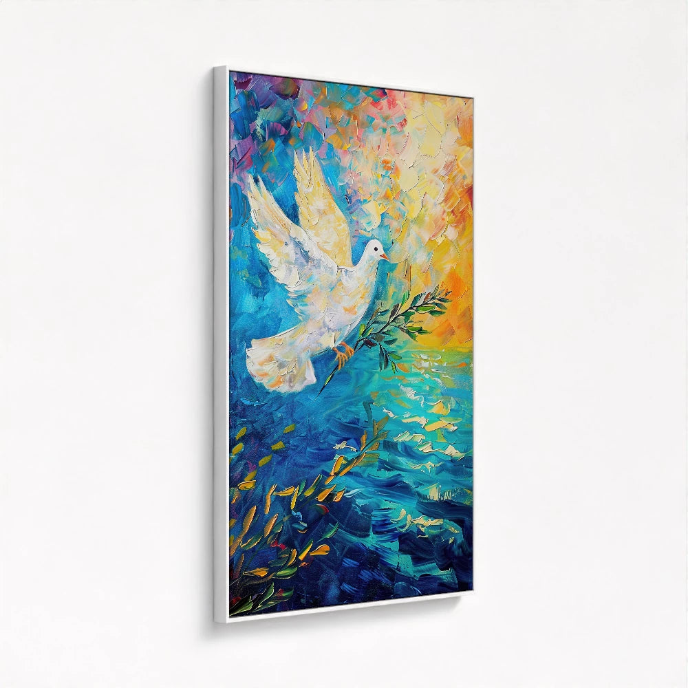 framed canvas in a white frame highlighting the dove painting from a side angle