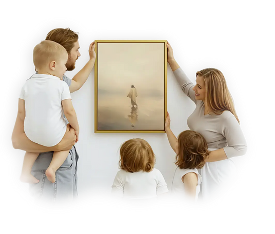 a family hanging Christian canvas in their living room