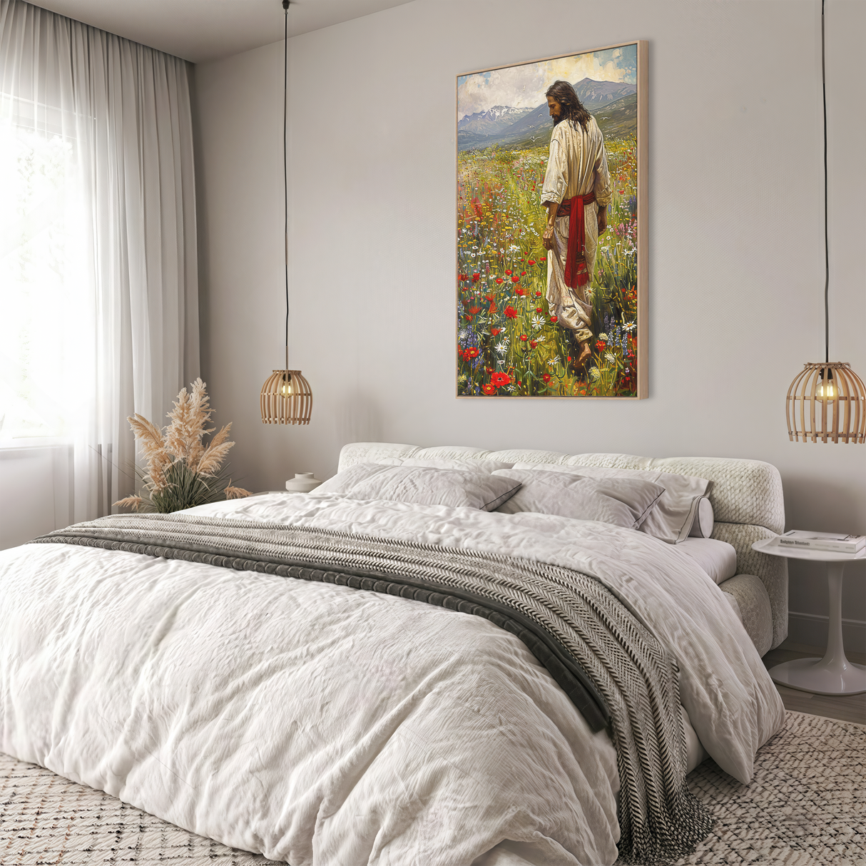 Jesus Christ artwork hung in a bedroom bringing calm, divine peace and natural beauty to the space