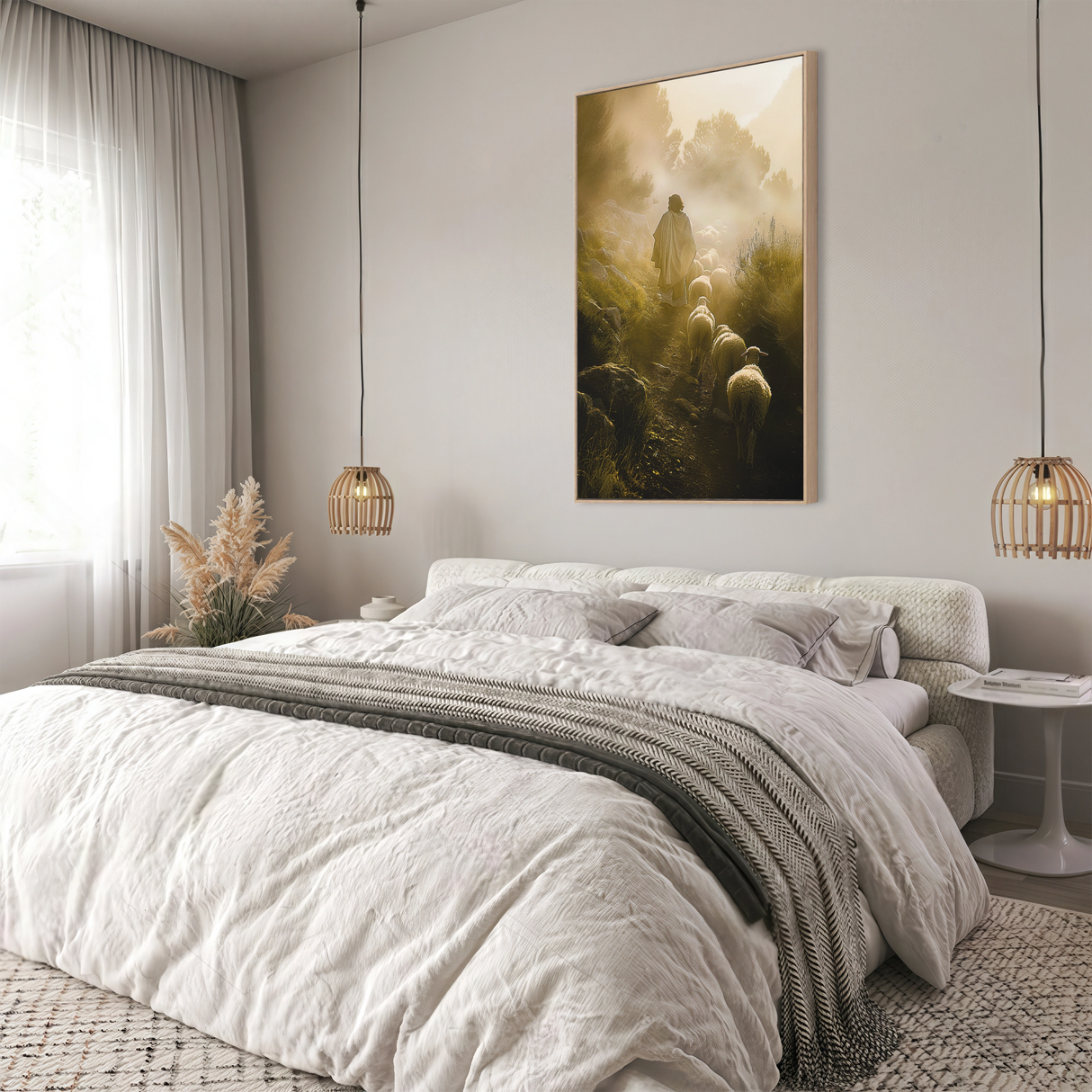 Jesus Leaves the 99 artwork in a bedroom, offering spiritual calm and reflection through its golden, pastoral beauty.