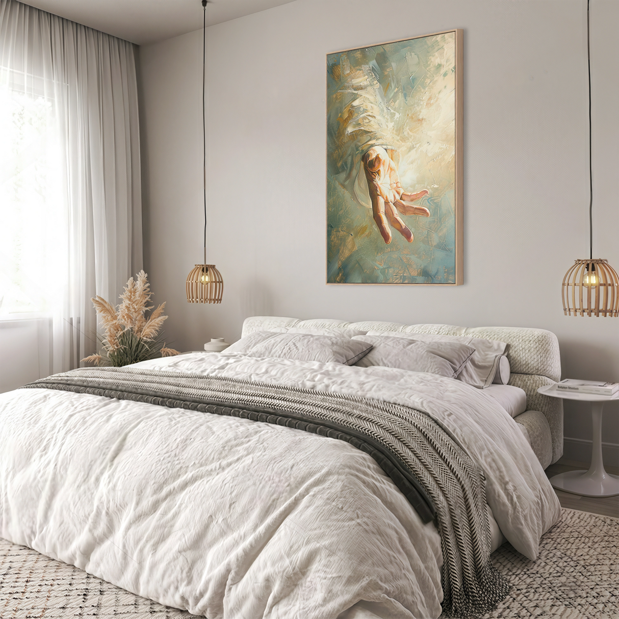 Hand of God painting displayed in a bedroom setting, offering a peaceful reminder of divine presence and comfort.