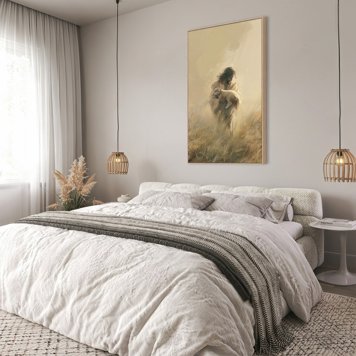 Jesus Holding a Lamb Picture displayed in a bedroom, evoking calm, faith, and a sense of divine protection.