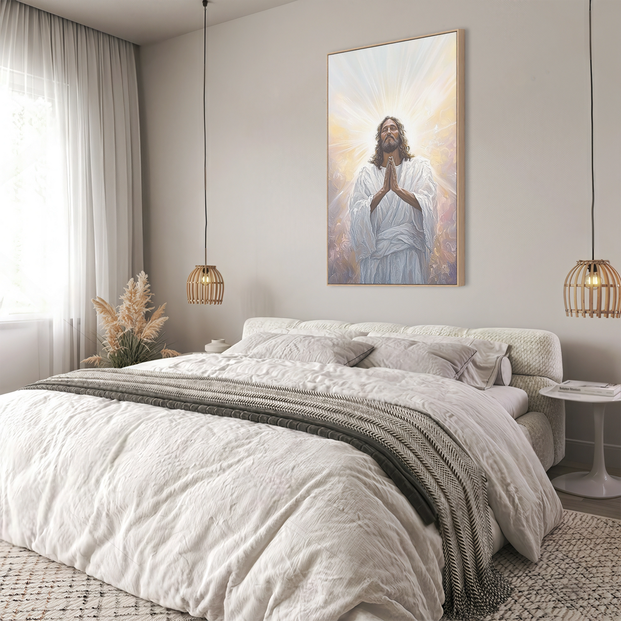 painting of Jesus framed and hung in a bedroom creating a peaceful, faith-filled atmosphere with radiant warmth and grace