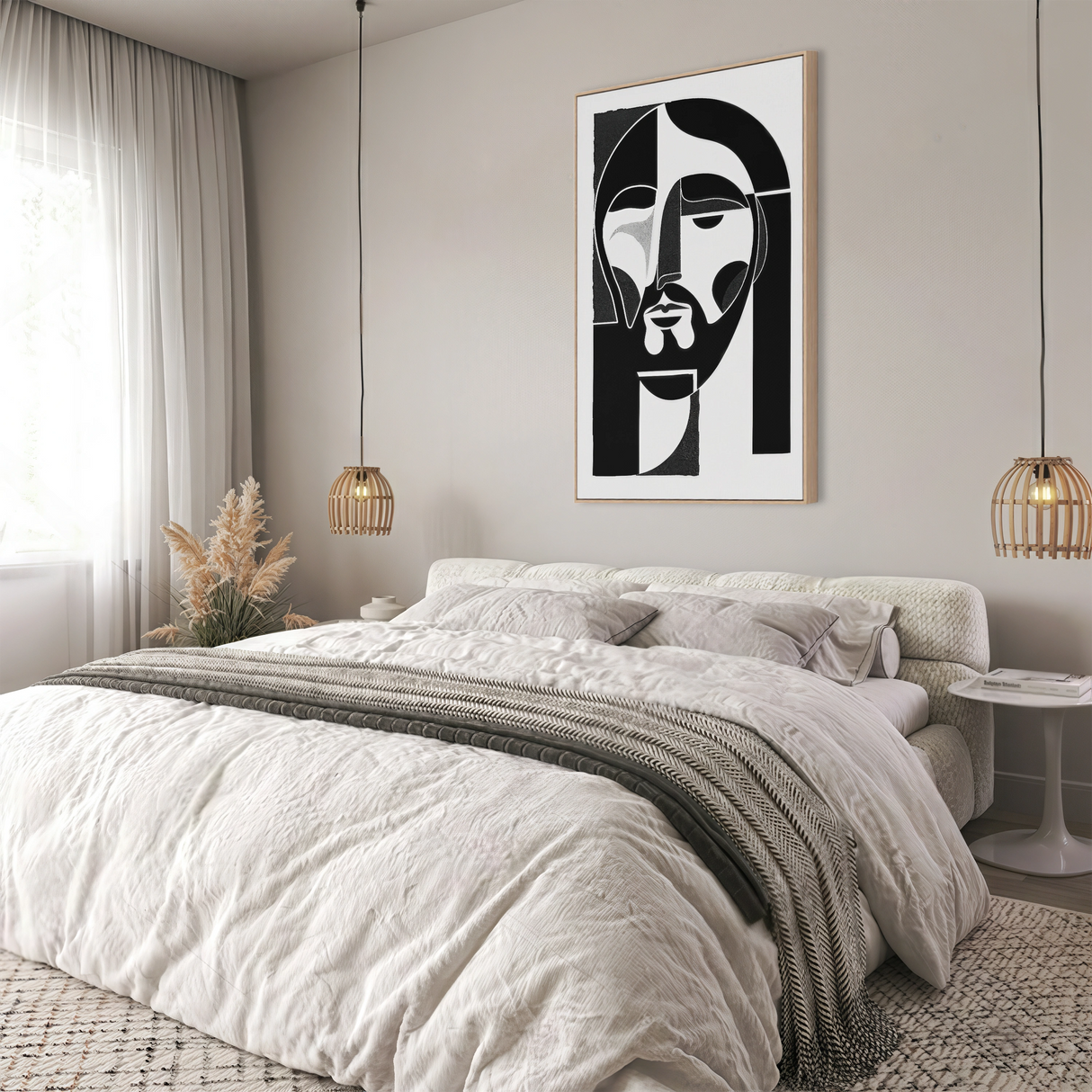 Jesus abstract painting framed and displayed in a bedroom setting creating a calm, contemplative atmosphere with minimalist spiritual energy
