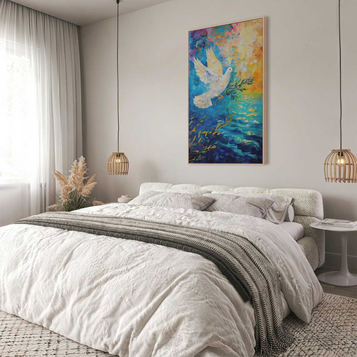 dove painting framed and hung in a bedroom setting creating a peaceful and inspiring atmosphere