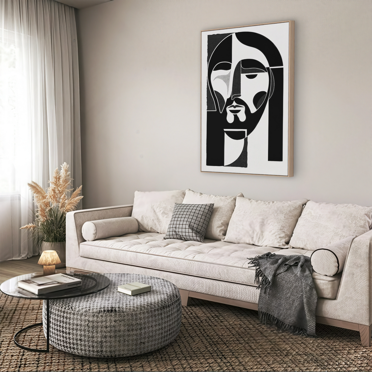 Jesus abstract painting hung in a living room space offering modern religious decor with a bold artistic edge