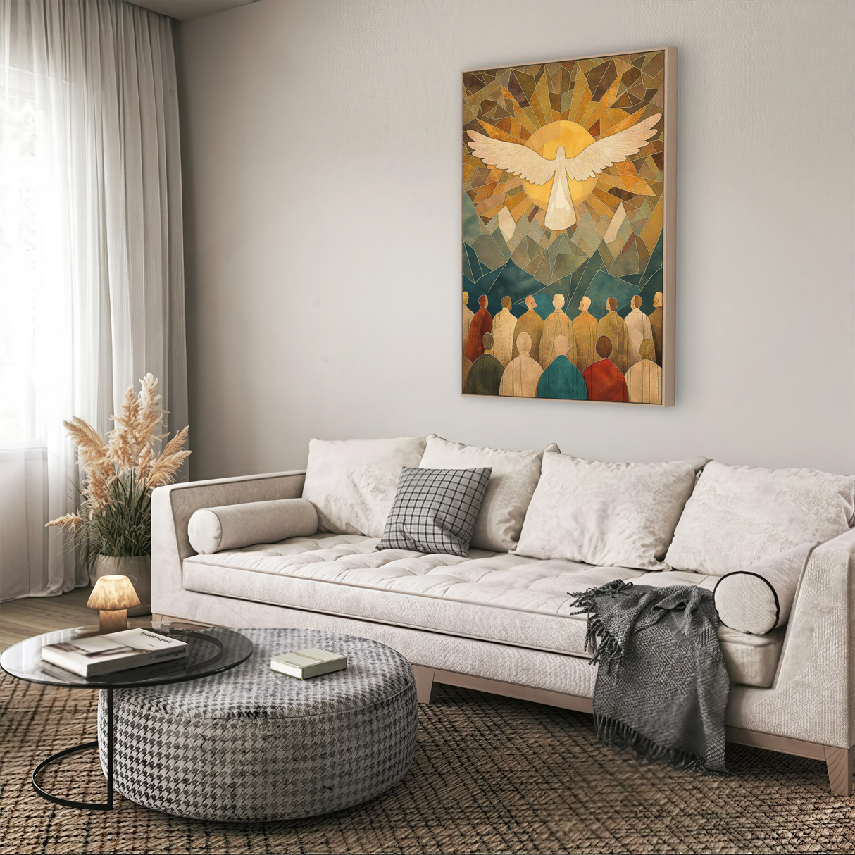 holy spirit art hung in a living room as a spiritual centerpiece radiating divine presence and harmony