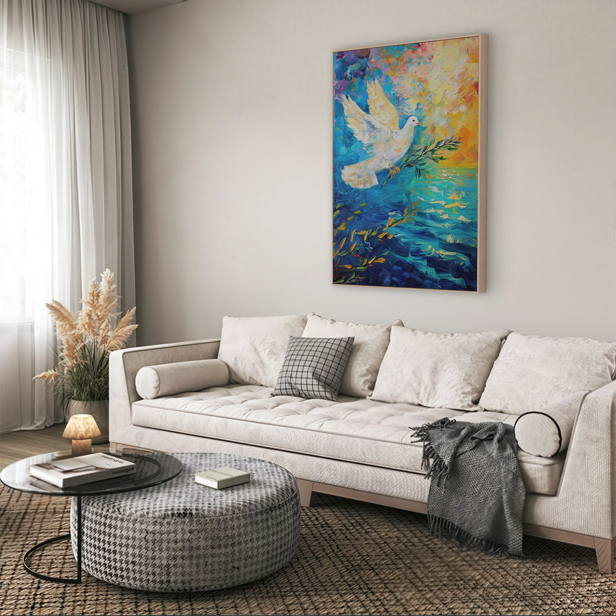 dove painting displayed in a living room enhancing the space with its vibrant colors and uplifting symbolism