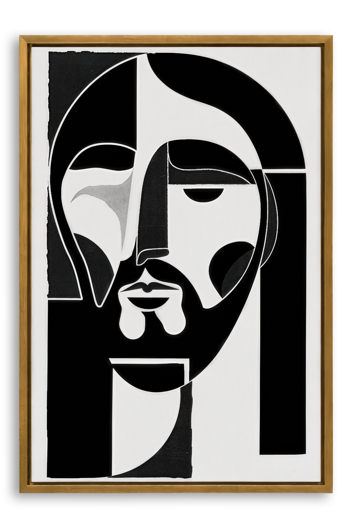 Jesus abstract painting in a natural wood float frame that complements the soft modern style and brings balance to the bold linear artwork